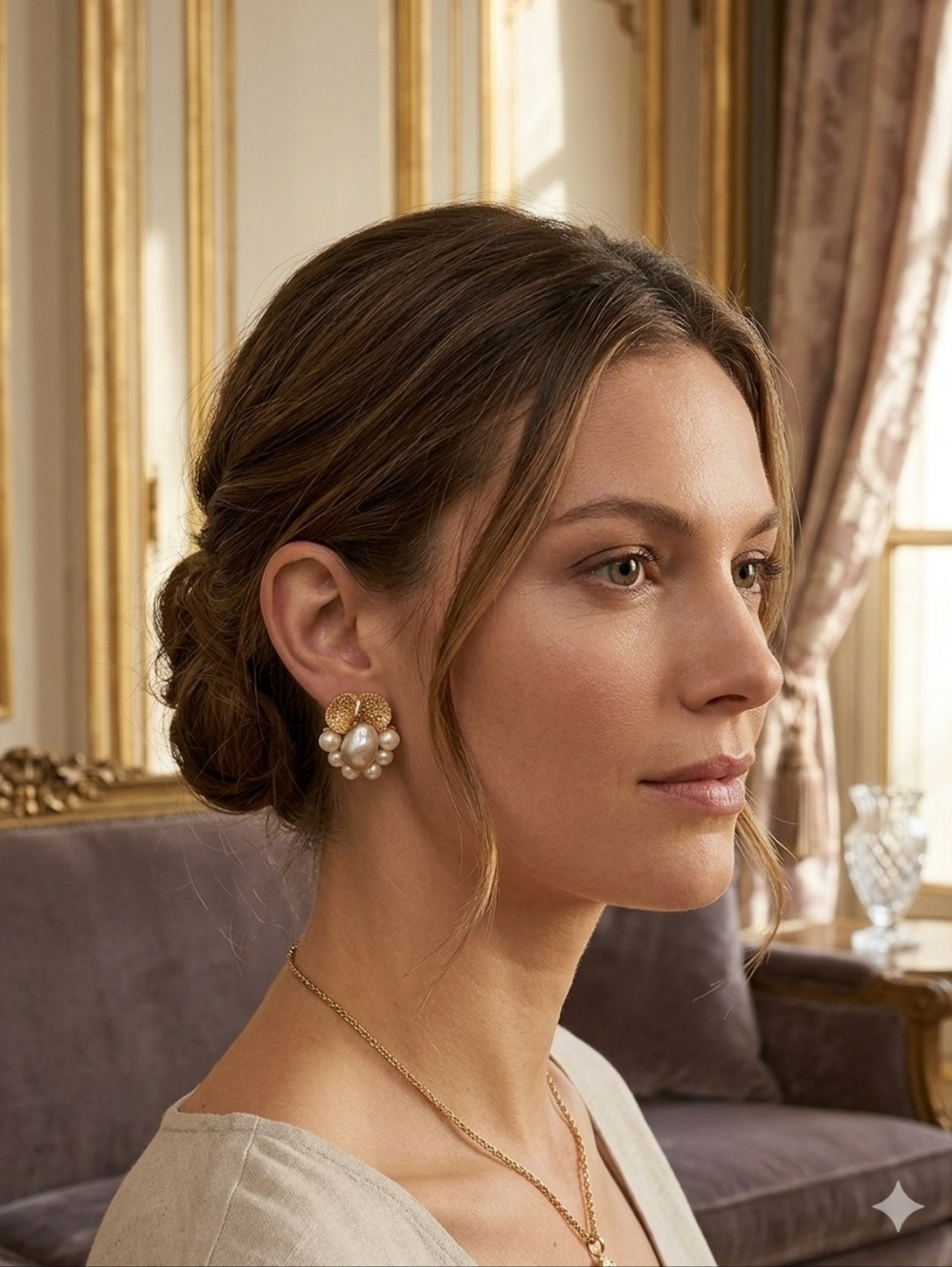 Trifari Crown Gold Floral Pearl Cluster - Clip- On Earrings